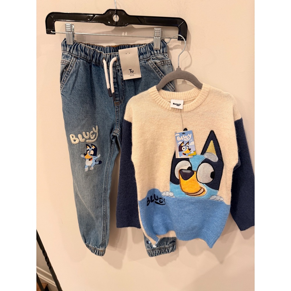 Tu Kids Bluey Sweater and Denim Jogger Pants Set Blue Cream 5-7 Years NWT